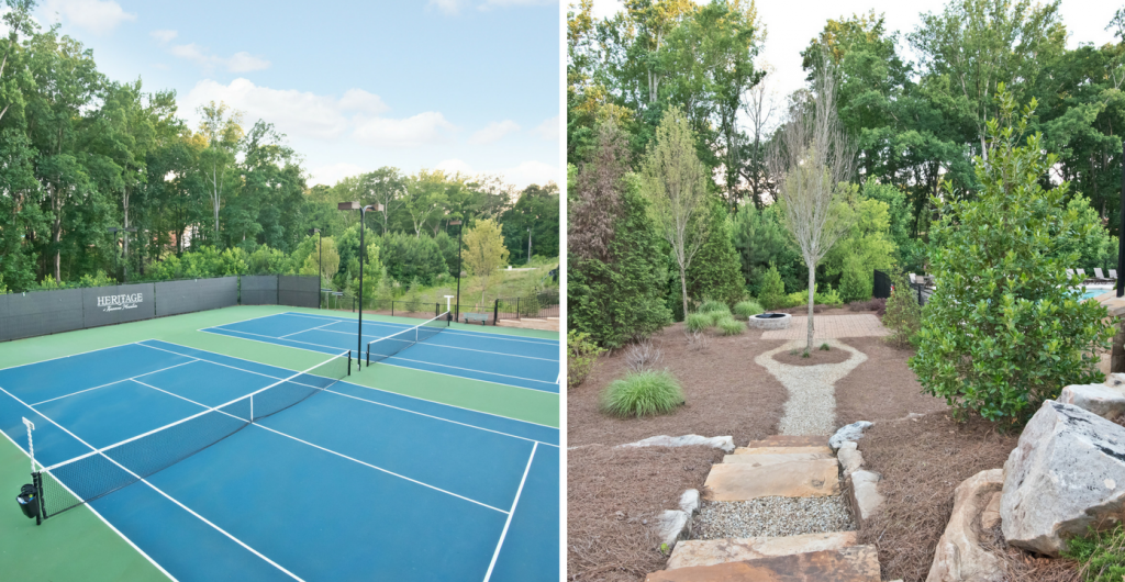 Tennis courts and community fire pit at Heritage at Kennesaw Mountain