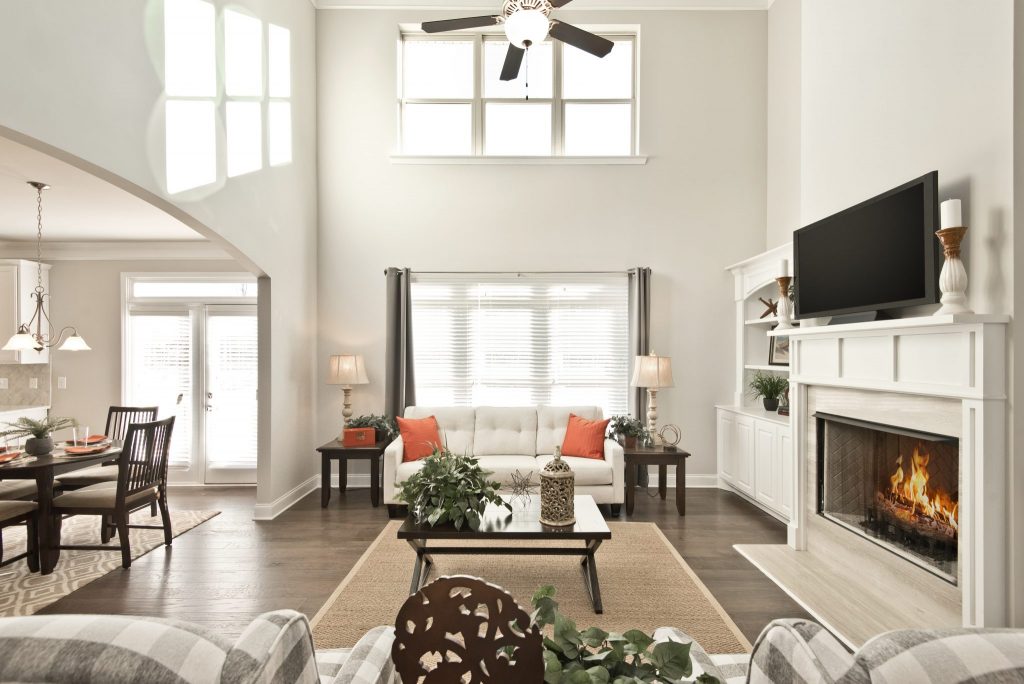 The living room in a new home in Gwinnett in Overlook at Hamilton Mill