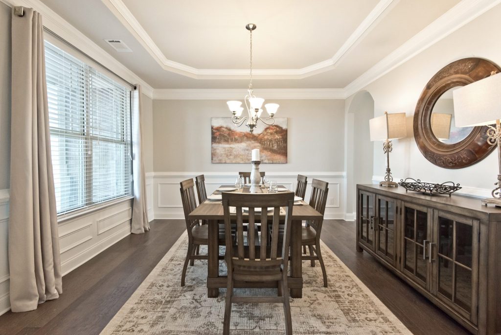 A formal dining room in Overlook at Hamilton Mill