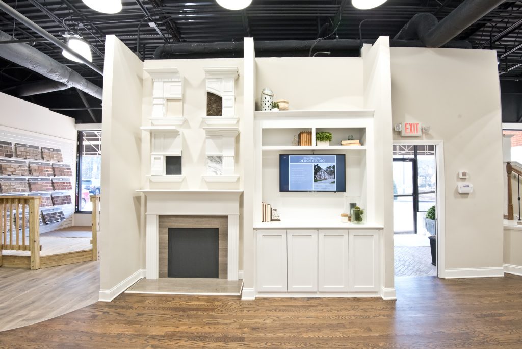 a fireplace display in the design studio