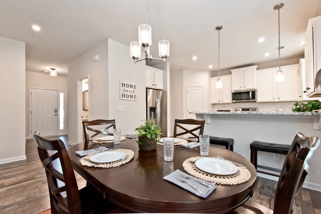 Kitchen and dining area in a new home 