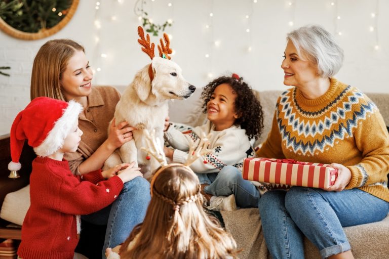 Happy family With Their Dog Celebrating the Holidays with presents ©Evgeny Atamanenko