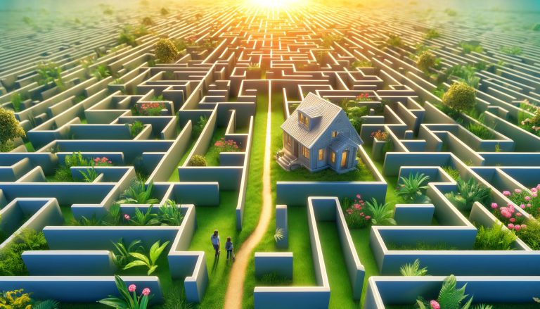 Animated image of a maze with a house in it with the sun shining, with two people walking into it and toward the house.