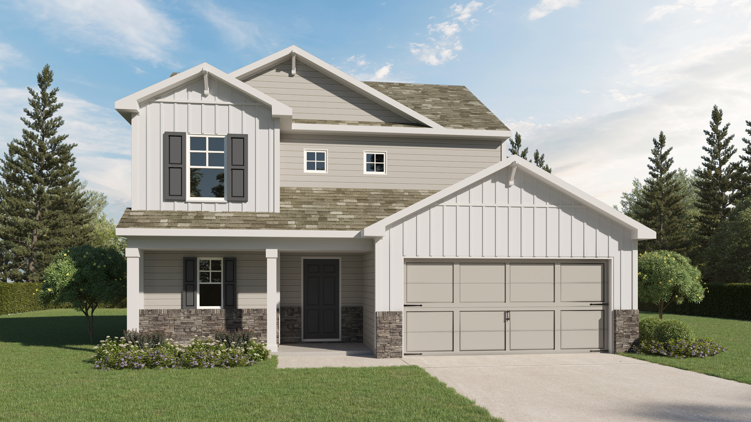 Model of White Two Story Home With Large Garage -KFH - Sycamore