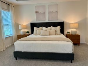 Bedroom with lamps, creating warm lighting for a cozy home