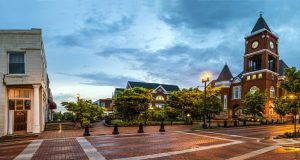 Downtown Dallas, GA, at night, showing the courthouse and clock tower.
©Rob Hainer