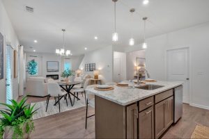 Open kitchen with wooden cabinets, marble countertops, and stainless steel appliances. Kitchen connects into living room with dining area.
